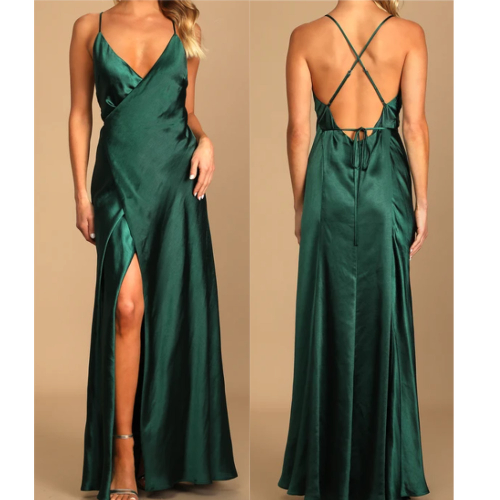 LULU'S SZ Fondly Loved Dark Green Satin Wrap Backless Maxi Dress NEW B23
